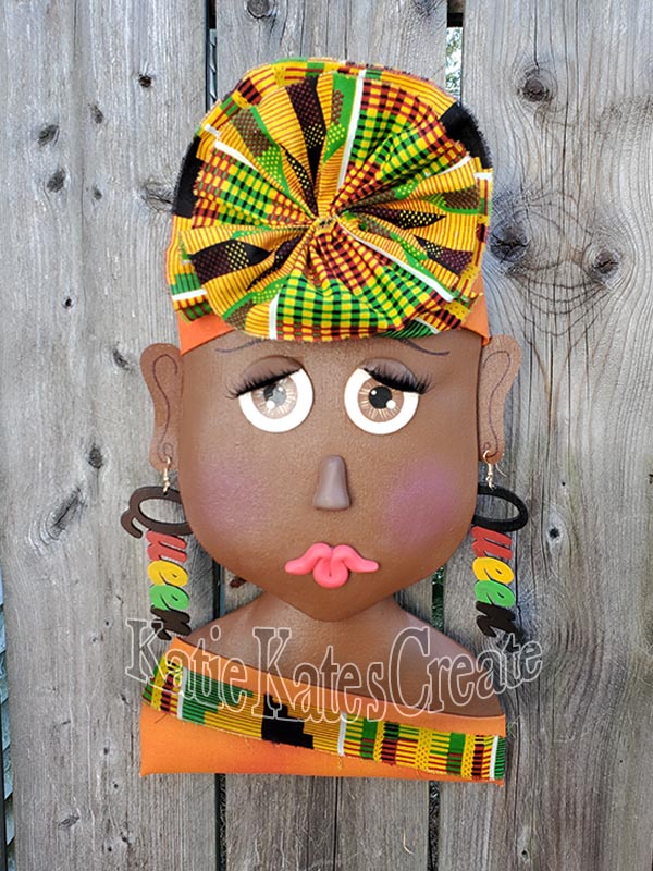 African American Lady (nutmeg) Wreath / Swag Attachment Set (Kente fabric, Orange, Rosette & Queen earrings)