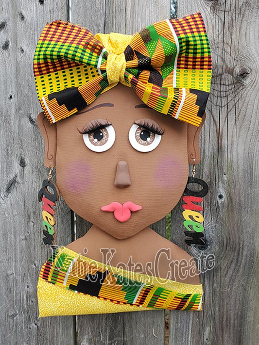 African American Lady (nutmeg) Wreath / Swag Attachment Set (Kente fabric, Yellow, Bow & Queen earrings)