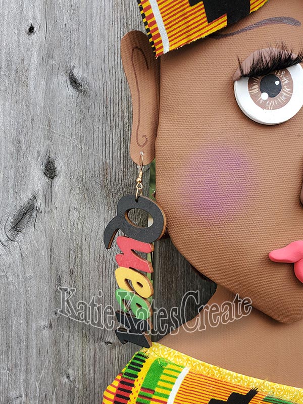 African American Lady (nutmeg) Wreath / Swag Attachment Set (Kente fabric, Yellow, Bow & Queen earrings)