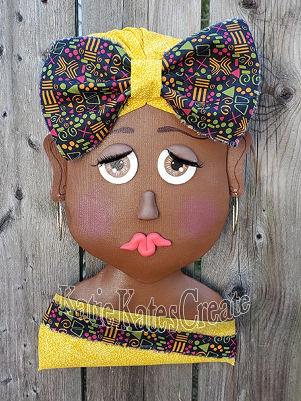 African American Lady (nutmeg) Wreath / Swag Attachment Set (Kente fabric, Yellow, Bow & Hoop earrings)