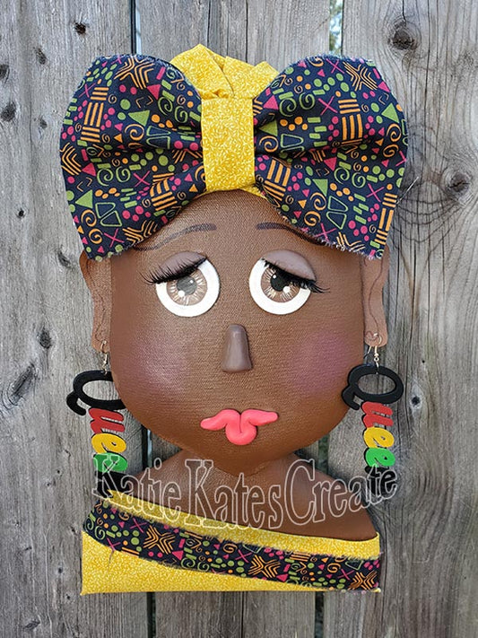 African American Lady (nutmeg) Wreath / Swag Attachment Set (Kente fabric, Yellow, Bow & Queen earrings)