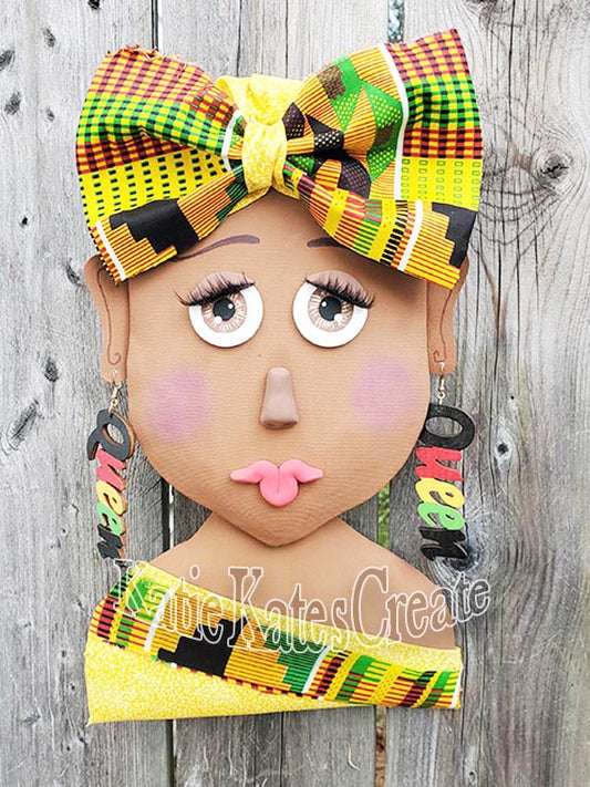 African American Lady (honey) Wreath / Swag Attachment Set (Kente fabric, Yellow, Bow, Queen earrings)