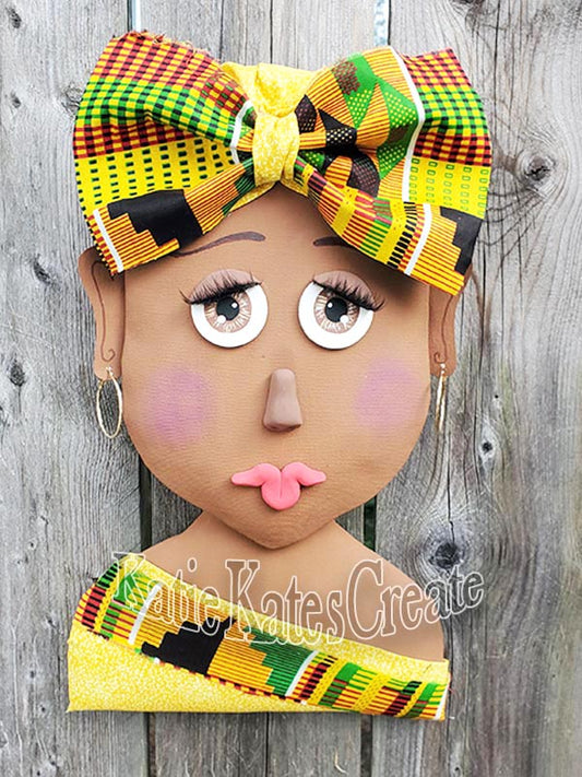 African American Lady (honey) Wreath / Swag Attachment Set (Kente fabric, Yellow, Bow, Hoop earrings)