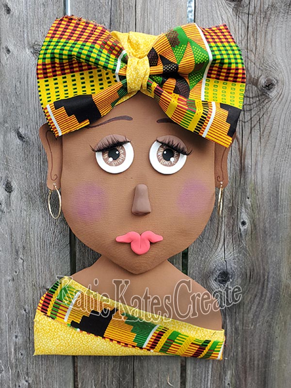 African American Lady (nutmeg) Wreath / Swag Attachment Set (Kente fabric, Yellow, Bow, Hoop earrings)