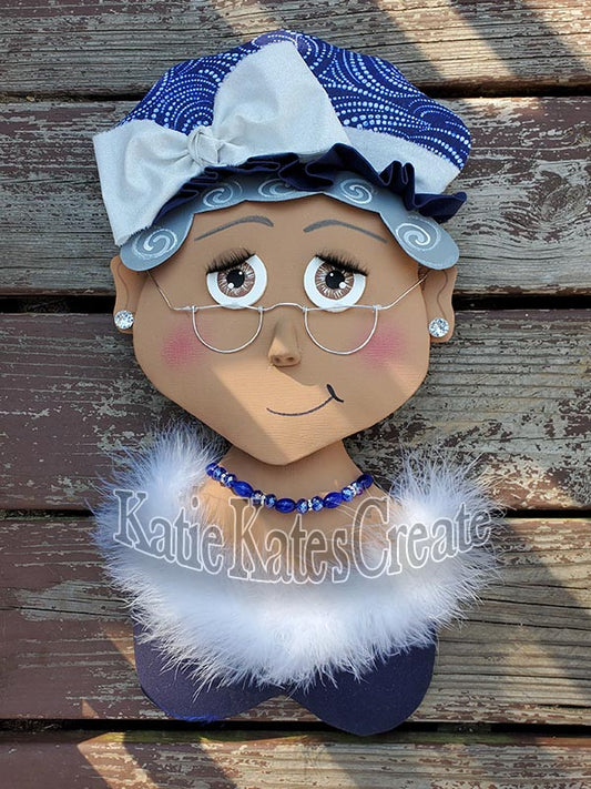 Mrs. Claus Fur Wrapped Blue Attire Christmas Wreath / Swag Attachment (Honey)