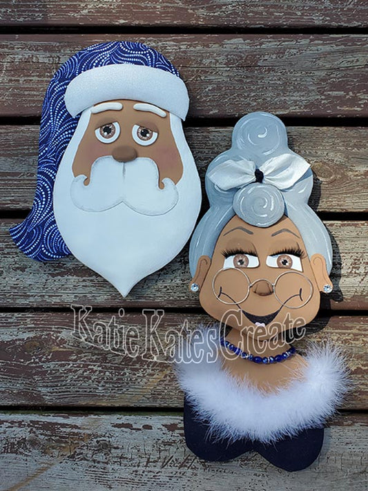 African American Santa & Granny Claus Blue Attire Christmas Wreath / Swag Attachment Set (Honey)