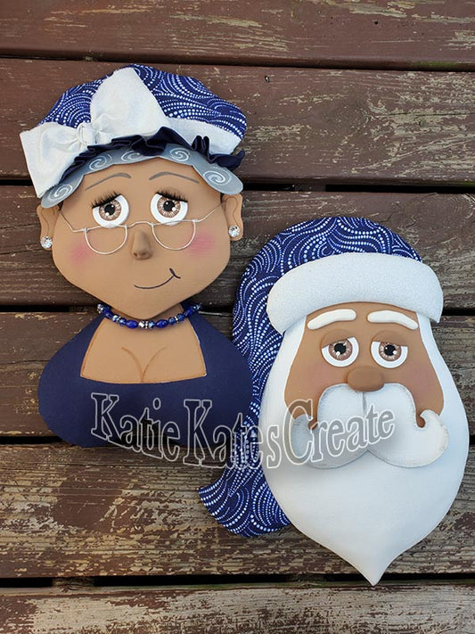 African American Santa & Mrs. Claus Blue Attire Christmas Wreath / Swag Attachment Set (Honey)