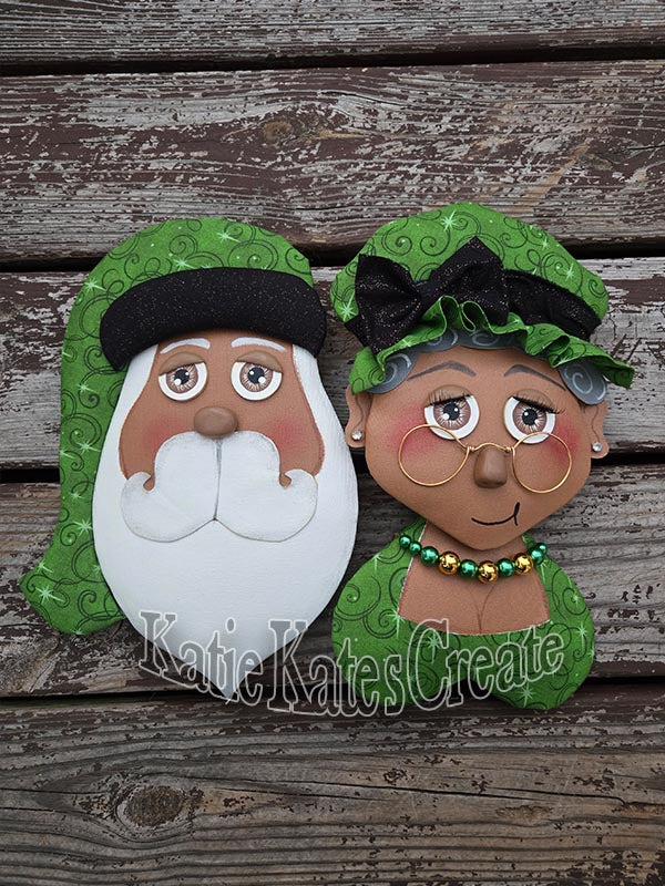 African American Mini Santa & Mrs. Clause Christmas Wreath / Swag Attachment Set (Green Swirl Attire) (Honey)