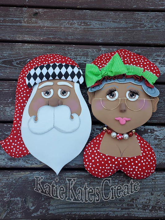 African American Santa & Mrs. Clause Red Hat Christmas Wreath / Swag Attachment Set (Honey)