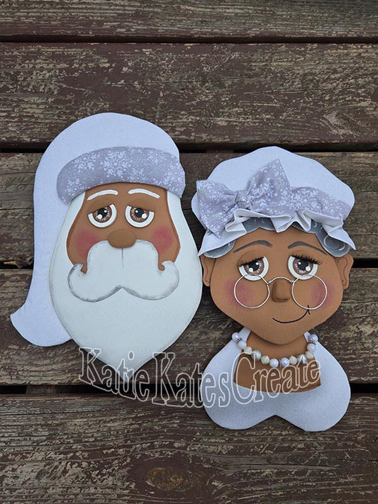 African American Santa & Mrs. Clause with White Sparkle and Snowflake Attire Christmas Wreath / Swag Attachment Set (Honey)