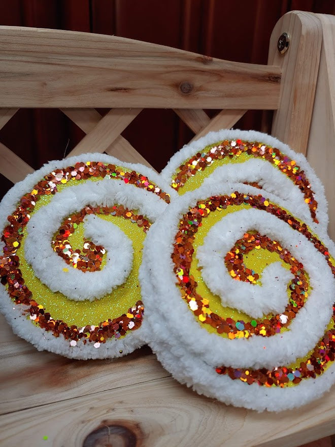 White and Yellow Metallic Glitter Swirl Wreath Accents / Ornaments (set of 3)