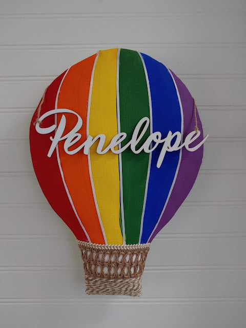 Rainbow Hot Air Balloon with Raised Wood Lettering Wreath Attachment / Home Décor