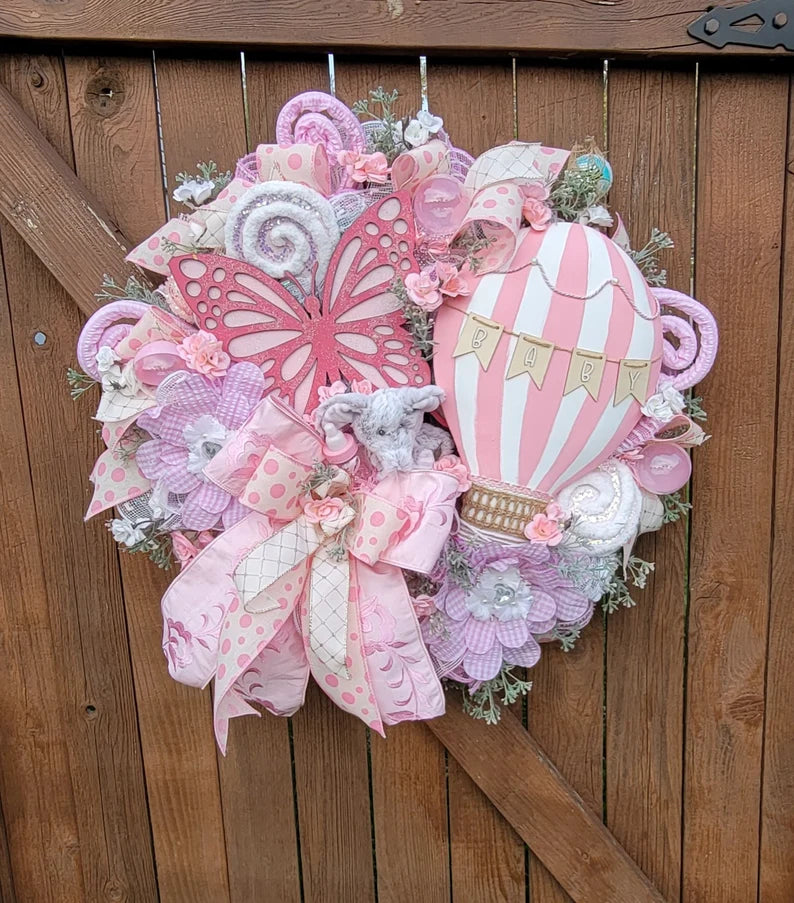 Hot Air Balloon Wreath Attachment, Wall décor, Baby Girl Décor (Pink and White)