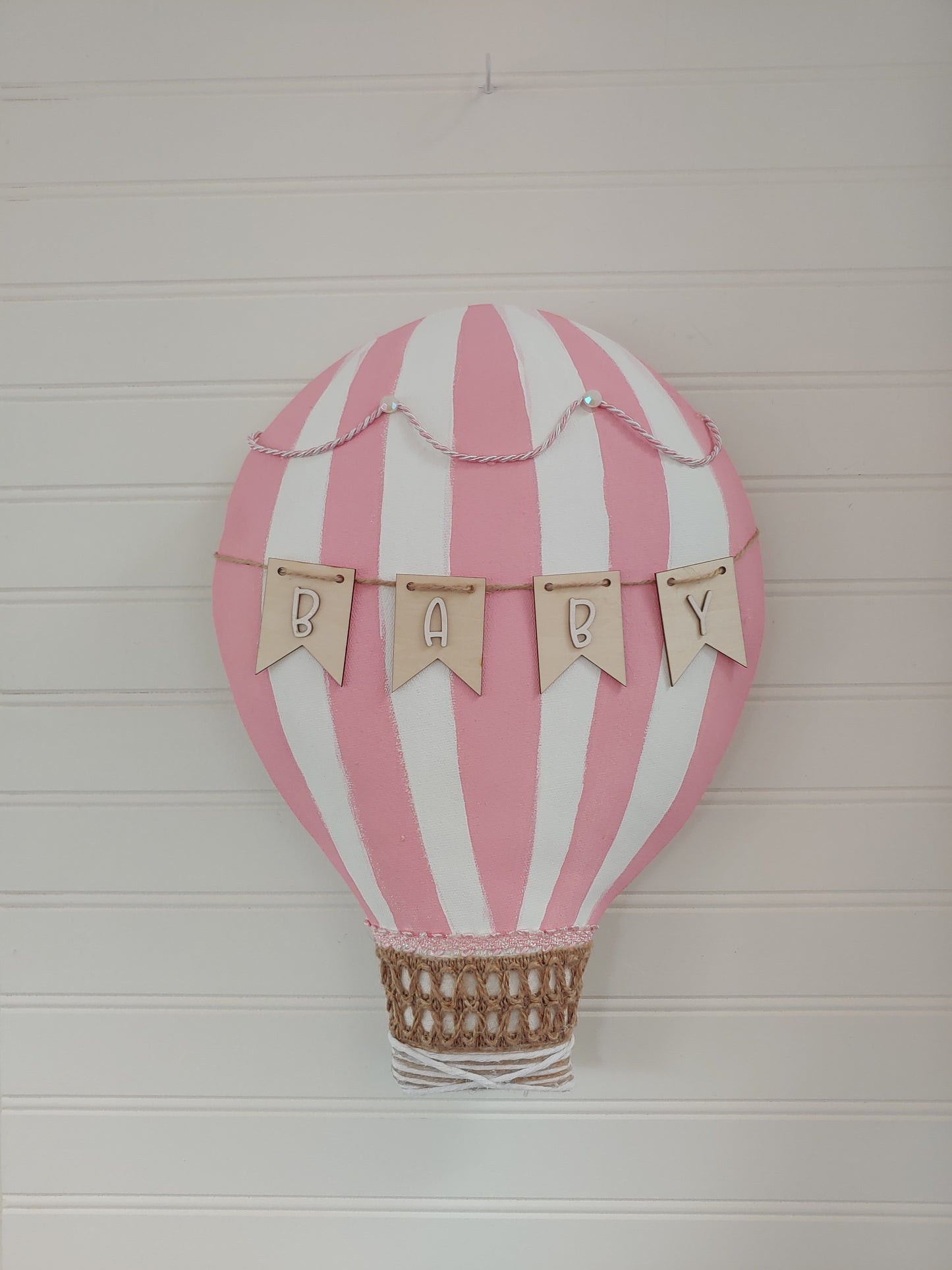 Hot Air Balloon Wreath Attachment, Wall décor, Baby Girl Décor (Pink and White)